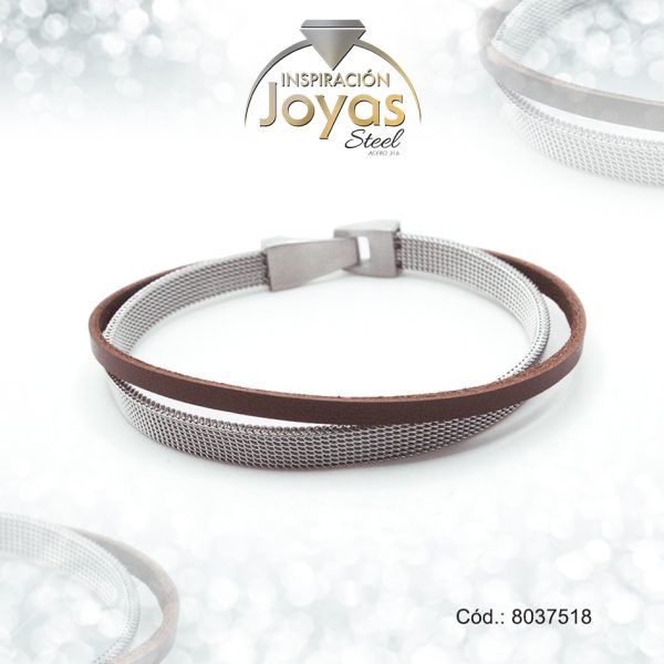 Pulsera de Acero Caballero Goma Plateado Sin Placa Marrón  Medida 18 cm - 8037518