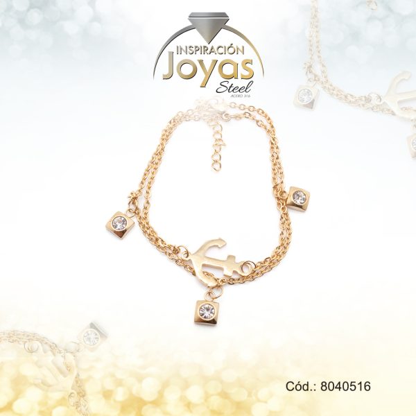 Pulsera de Acero Aleación Circón Dorado Cuadrado, Ancla   Medida 16 cm - 8040516