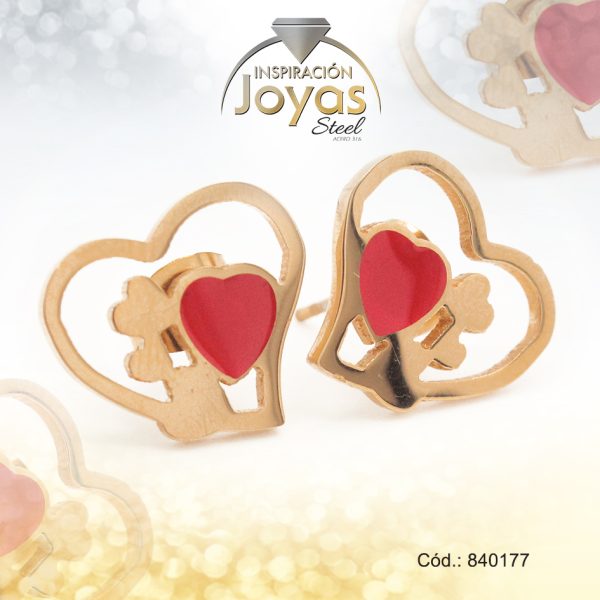 Zarcillo de Acero - Aleación Esmalte - Dorado - Corazón Rojo - 840177