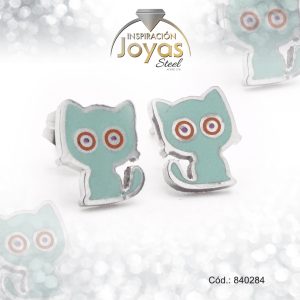Zarcillo de Acero - Aleación Esmalte - Plateado - Gato Verde - 840284