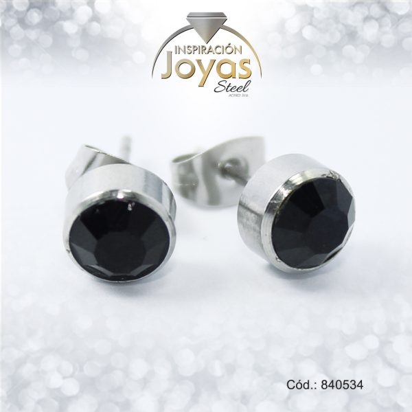 Zarcillo de Acero - Aleación Piedra - Plateado - Solitario Negro - 840534