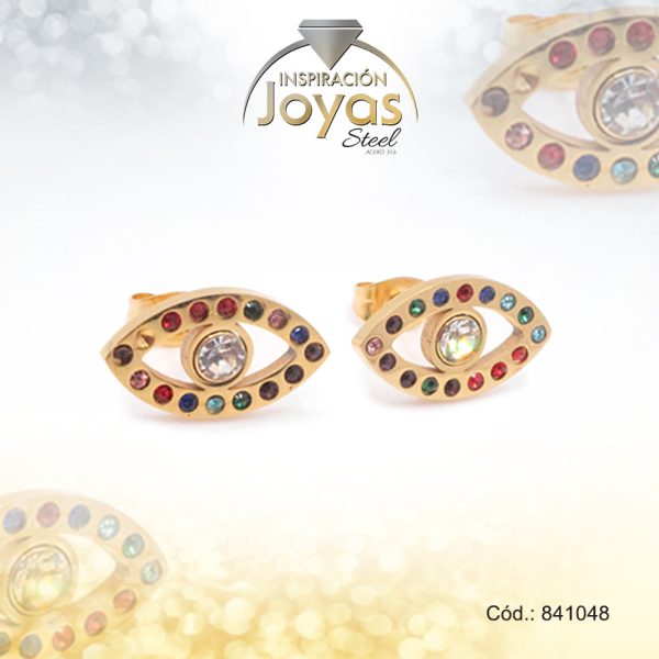 Zarcillo de Acero - Aleación Circón - Dorado - Ojo Turco Multi Color - 841048