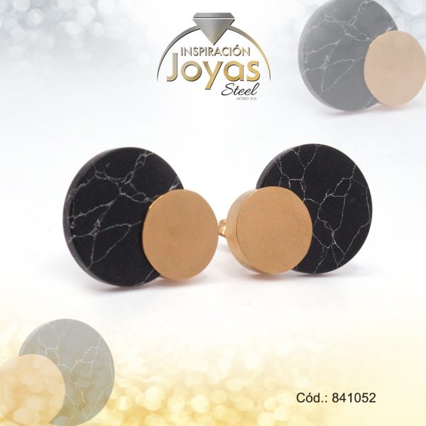 Zarcillo de Acero - Aleación Piedra - Dorado - Círculo Negro - 841052