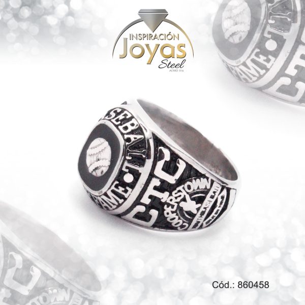 Anillo de Acero Caballero Esmalte Plateado Salon de la Fama Baseball NegroTalla 11 - 860458