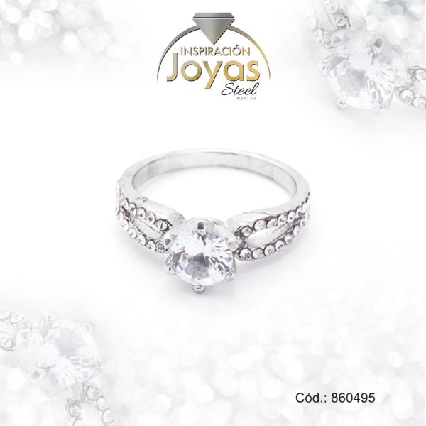 Anillo de Acero Solitario Circón Plateado Círculo Talla 6 - 860495