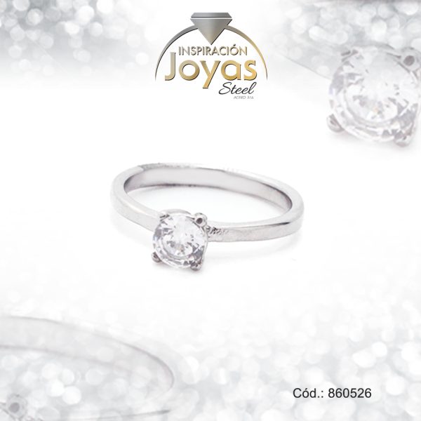 Anillo de Acero Solitario Circón Plateado Círculo Talla 9 - 860526