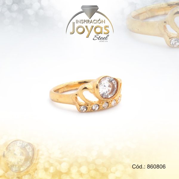Anillo de Acero Variado Circón Dorado Corona Talla 8 - 860806