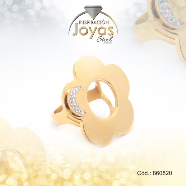 Anillo de Acero Variado Micro Circón Dorado Flor Talla 8 - 860820