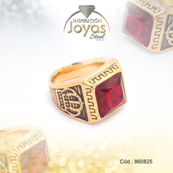 Anillo de Acero Caballero Pierdra Dorado Vintage, Rey Crown RojoTalla 8 - 860825