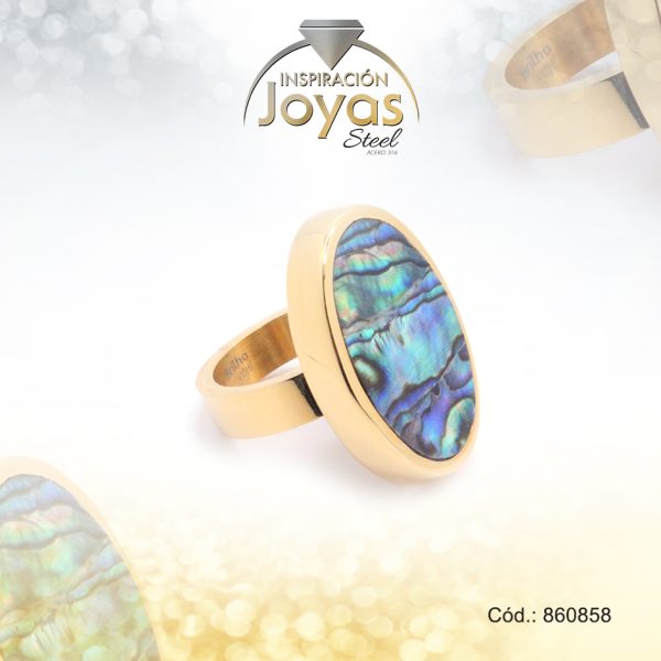 Anillo de Acero Variado Concha de Abalone Dorado Óvalo Talla 7 - 860858