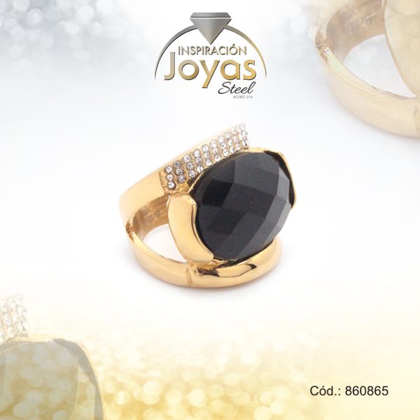Anillo de Acero Variado Piedra Dorado Óvalo Negro Talla 7 - 860866