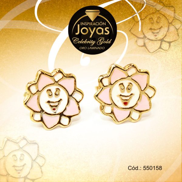 Zarcillo Celebrity Gold Tono Dorado Aleación Esmalte Trancadero: Mariposa   A: 0,9 cm L: 0,9 cm Sol Blanco y Rosado - 550158