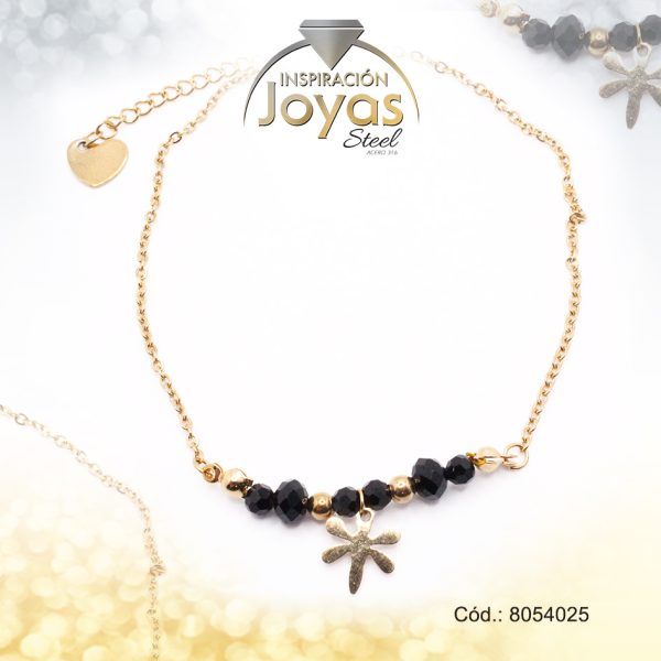 Tobillera de Acero Colgante Dorado Libélula Piedra Negro Medida 25 cm - 8054025