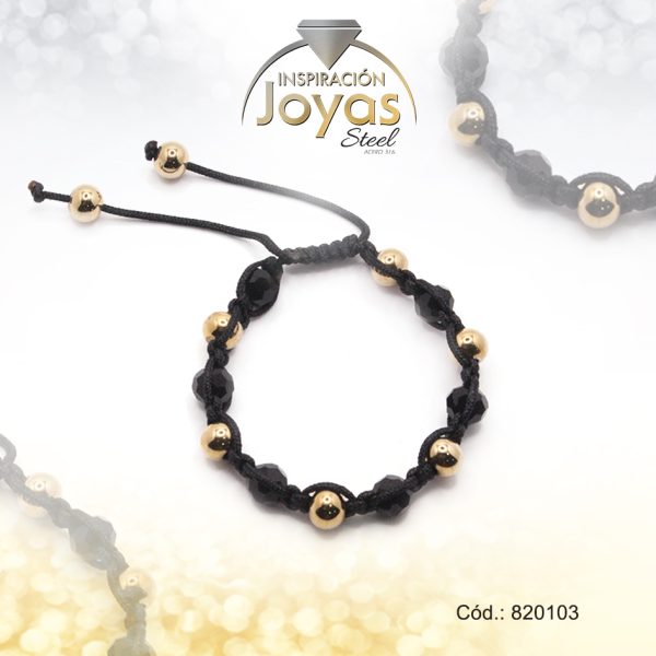 Pulsera de Acero Ajustable Hilo Negro Esfera Dorado - 820103