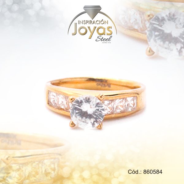 Anillo de Acero Solitario Circón Dorado Círculo Talla 7 - 860584