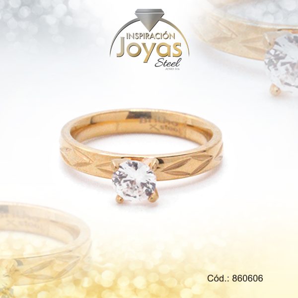 Anillo de Acero Solitario Circón Dorado Círculo Talla 9 - 860606