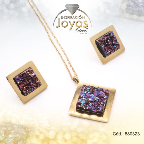 Conjunto de Acero Dama Cadena + Dije + Zarcillo Rombo Dorado Piedra Volcanica - 880323