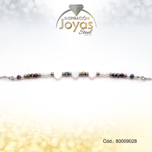 Tobillera Acero Plateado 3 Corazones Blancos - 80009028