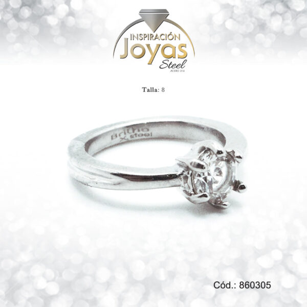 Anillo - Acero - Plateado - Solitario - Circon Blanco -  T: 8 - 86030580