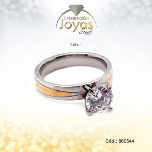 Anillo - Acero - Dos Tonos - Solitario - Repuje/Circon Blanco -  T: 7 - 86054470