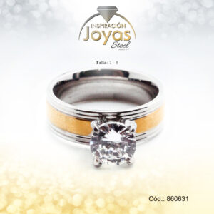 Anillo - Acero - Dos Tonos - Solitario - Repuje/Circon Blanco -  T: 8 - 86063180