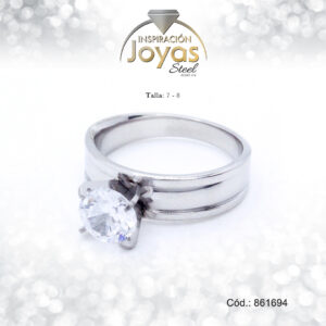 Anillo Acero Solitario Repuje/Circon Plateado Blanco Talla:  8 - 86169480