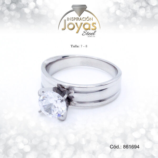 Anillo Acero Solitario Repuje/Circon Plateado Blanco Talla:  8 - 86169480