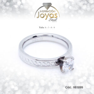 Anillo Acero Solitario Repuje/Circon Plateado Blanco Talla:  7 - 86169970