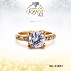 Anillo - Acero - Solitario - Dorado - Circon  Blanco T: 6 - 86189360