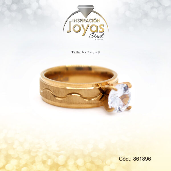 Anillo - Acero - Solitario - Dorado - Repuje/Circon  Blanco T: 6 - 86189660