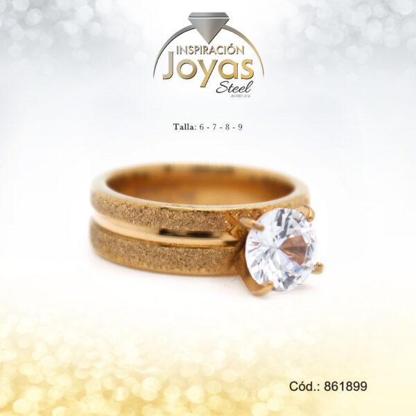 Anillo - Acero - Solitario - Dorado - Escarchado/Circon  Blanco T: 9 - 86189990