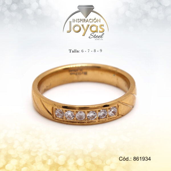 Anillo - Acero - Forma De Aro - Dorado - Lineas Con Cristal  T: 7 - 86193470