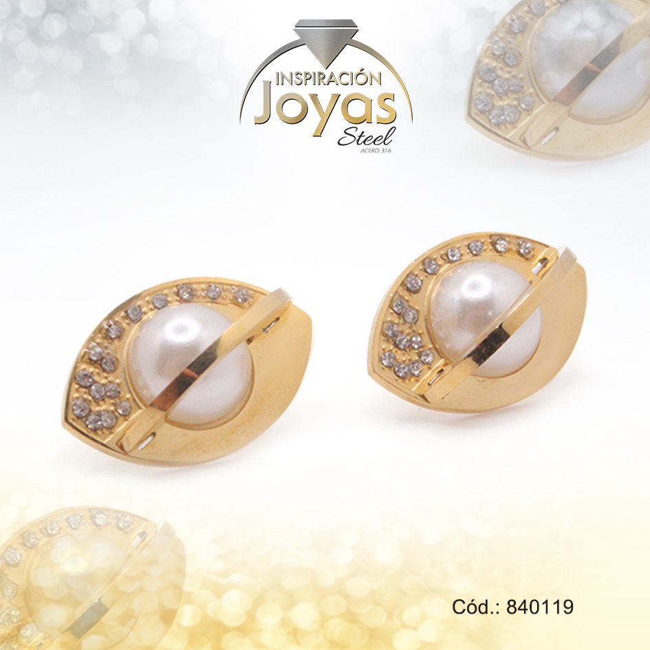 Zarcillo de Acero - Aleación Perla - Dorado - Óvalo - 840119