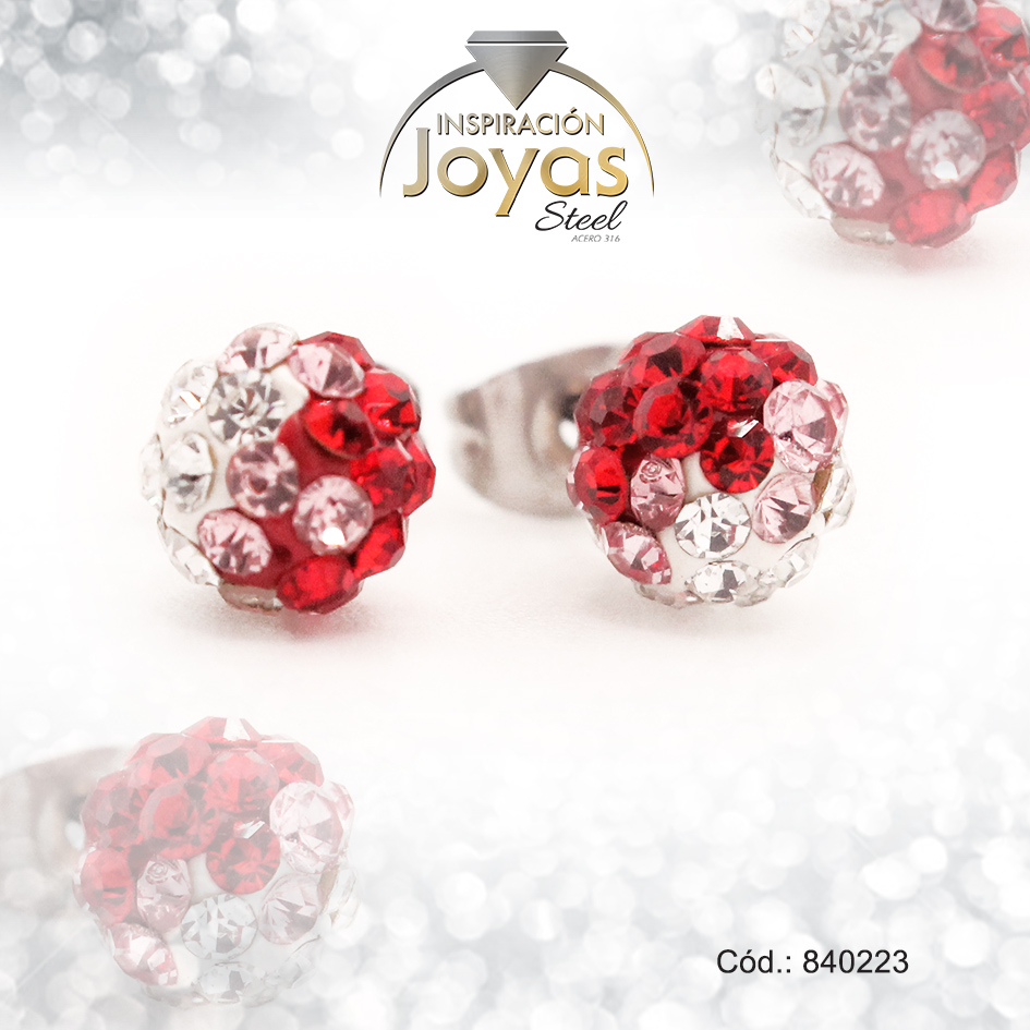 Zarcillo de Acero Esfera Micro Circón Plateado Blanco/Rojo - 840223