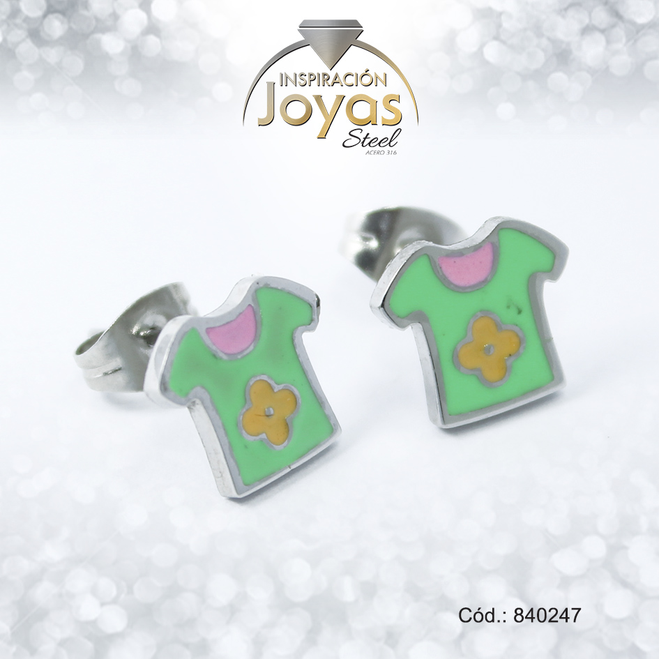 Zarcillo de Acero - Aleación Esmalte - Plateado - Camisa Verde - 840247