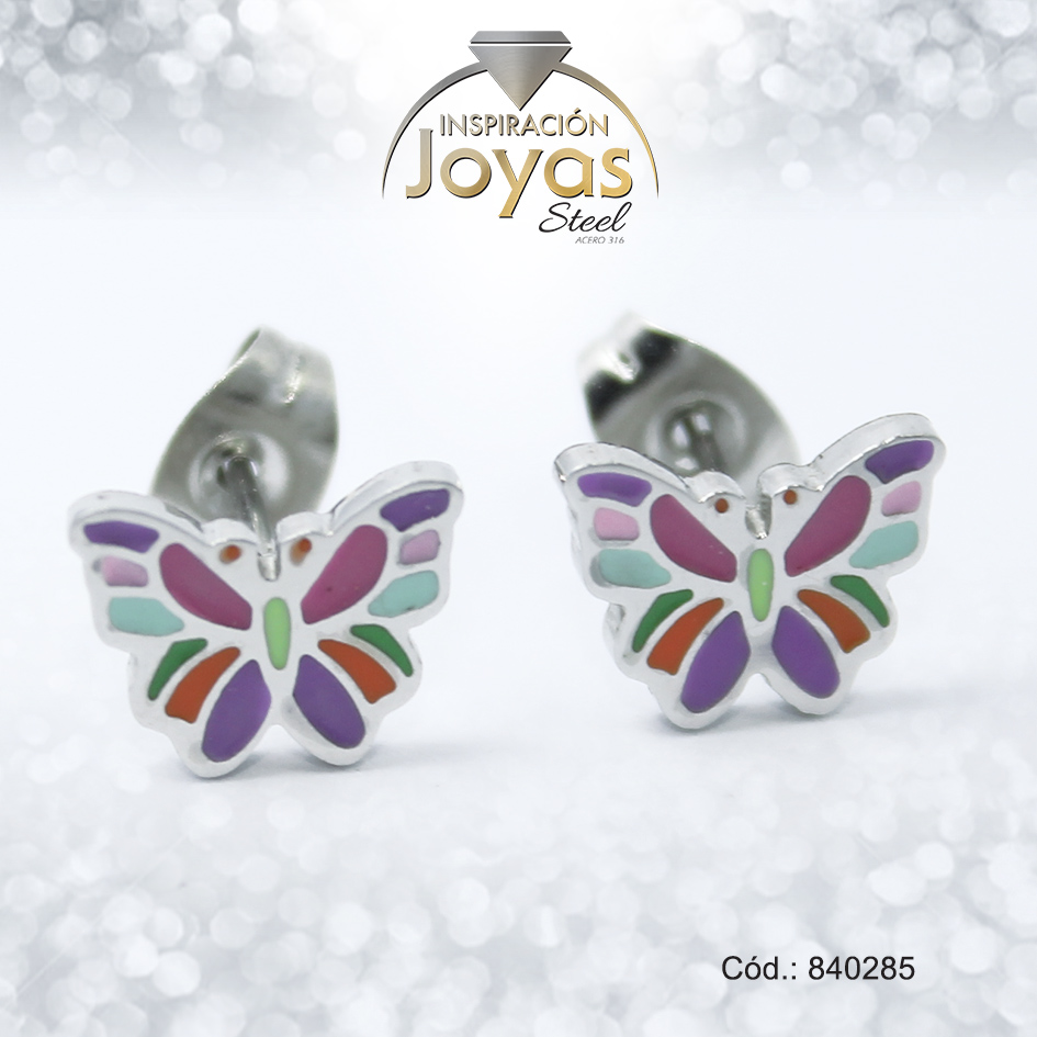 Zarcillo de Acero - Aleación Esmalte - Plateado - Mariposa Multi Color - 840285