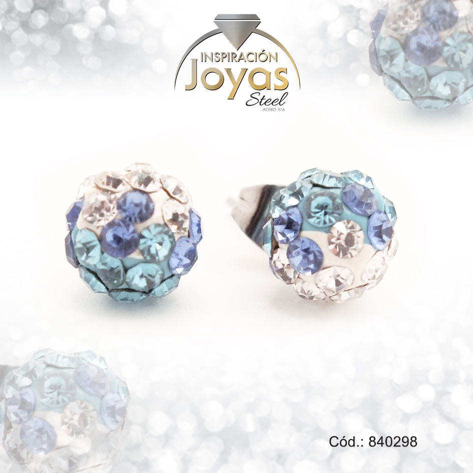 Zarcillo de Acero Esfera Micro Circón Plateado Blanco/Azul - 840298