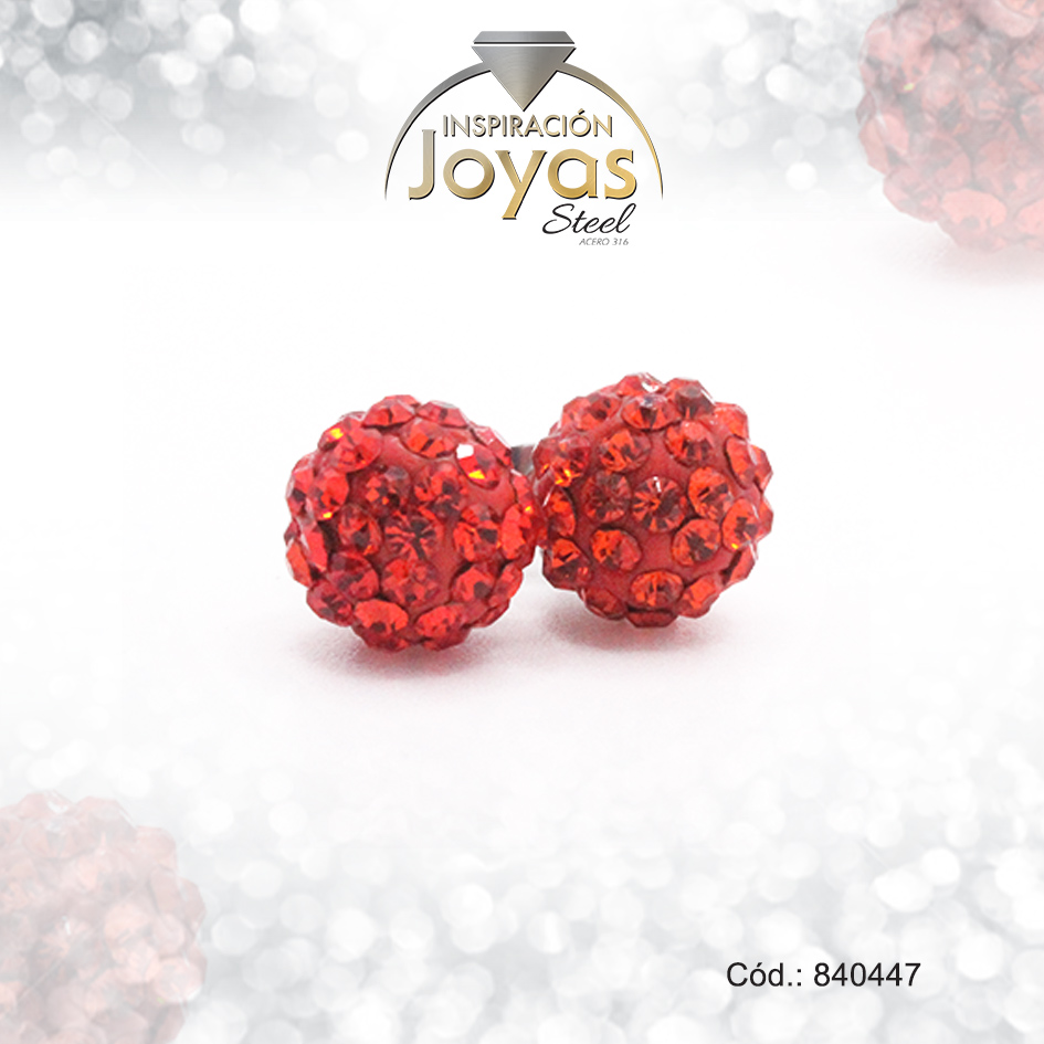 Zarcillo de Acero Esfera Micro Circón Plateado Rojo - 840447