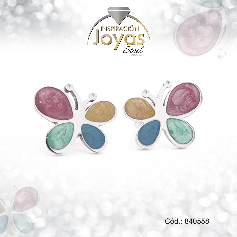 Zarcillo de Acero - Aleación Esmalte - Plateado - Mariposa Multi Color - 840558