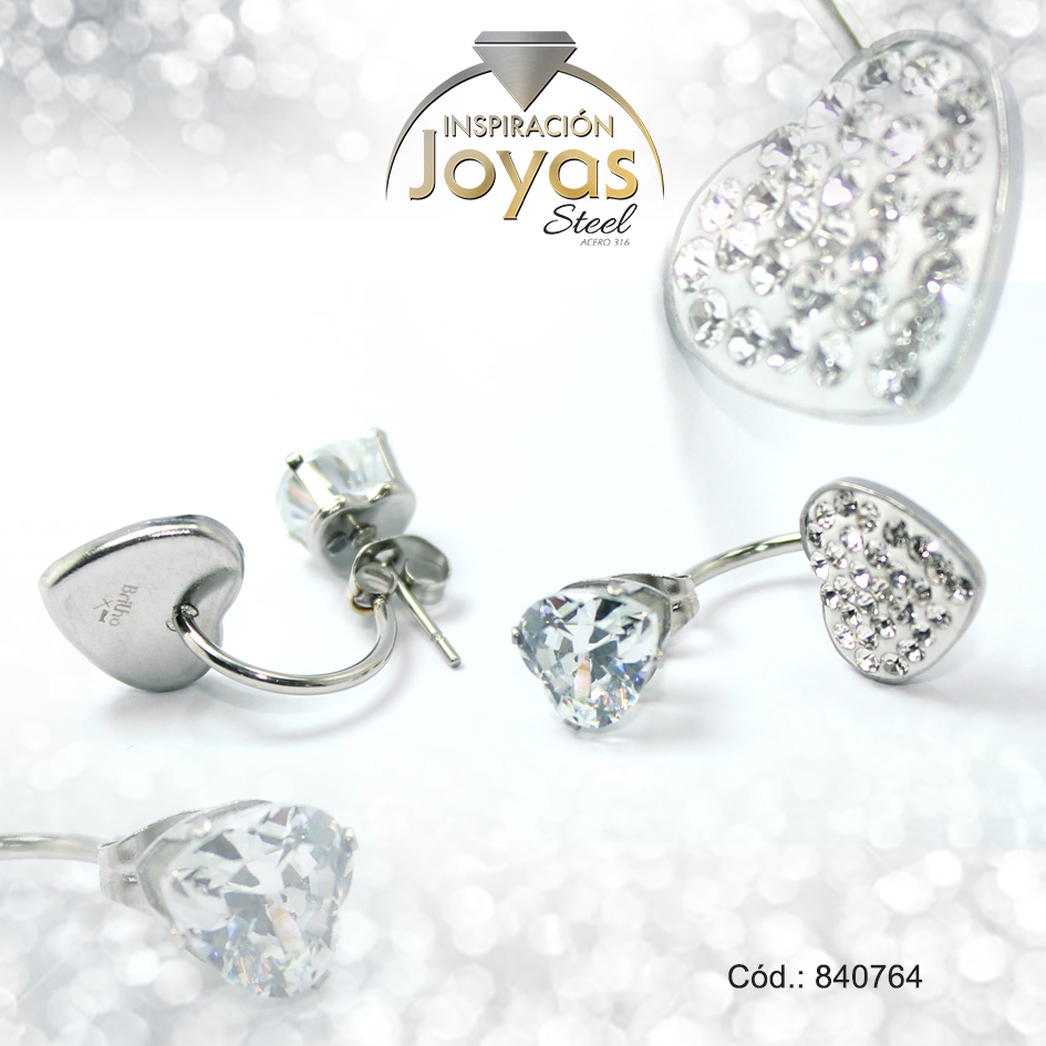 Zarcillo de Acero Colgante Micro Circón Plateado Corazón - 840764