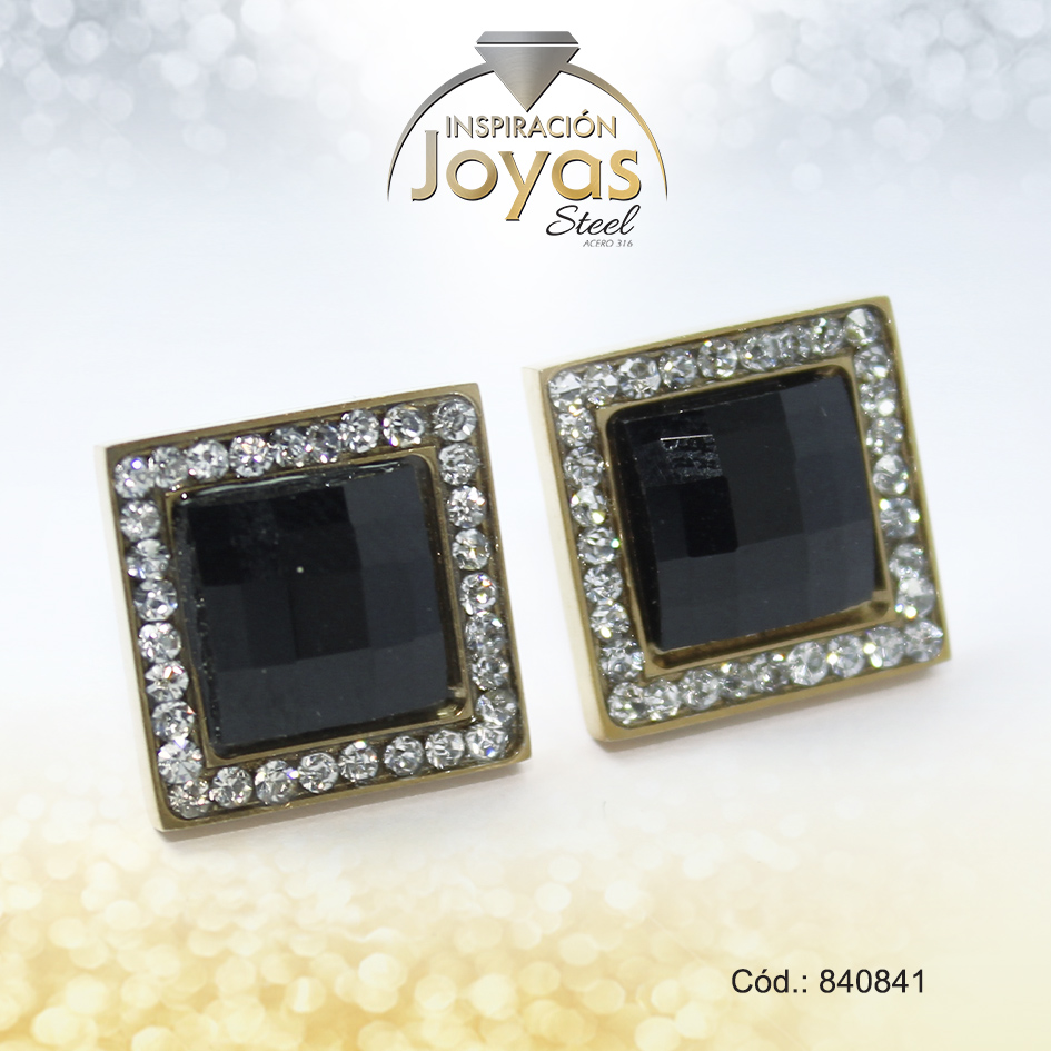 Zarcillo de Acero - Aleación Circón - Dorado - Rombo Negro - 840841