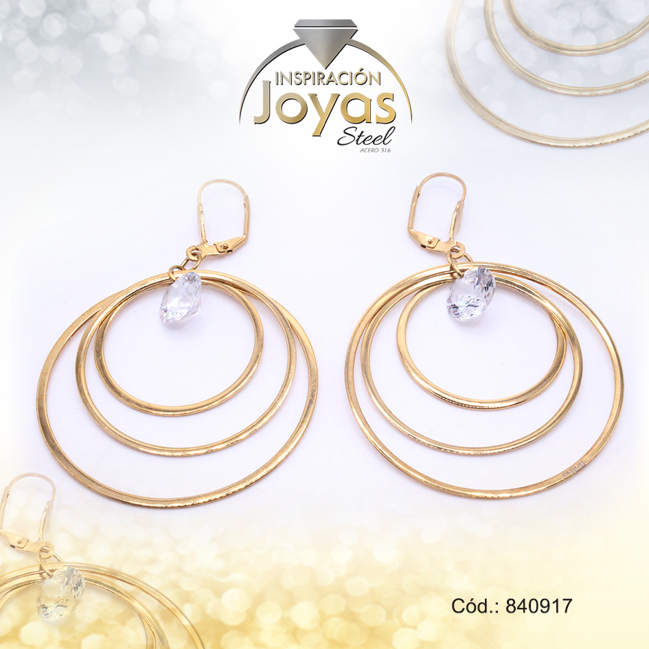 Zarcillo de Acero Colgante Circón Dorado Círculo - 840917