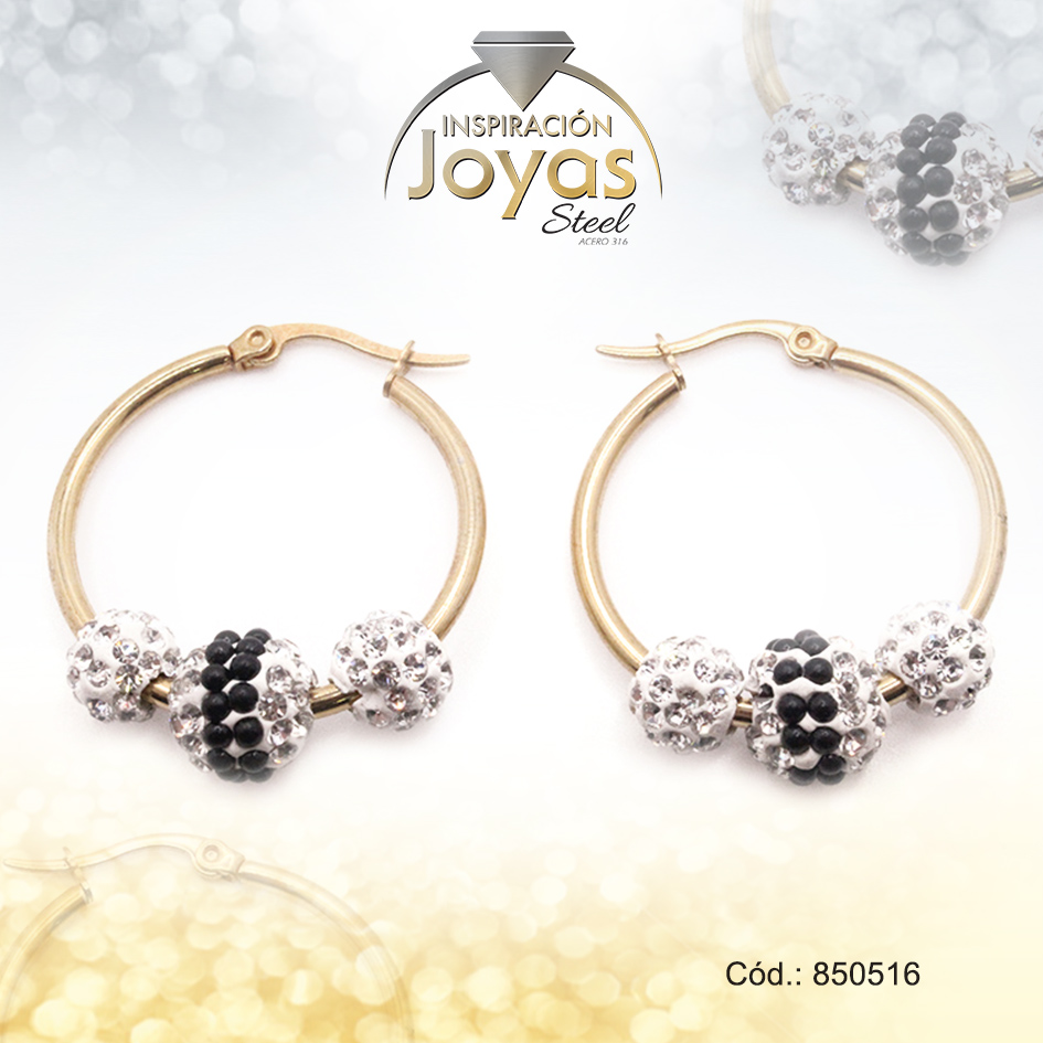 Argolla de Acero Aleación Micro Circón Dorado Círculo Negro - 850516