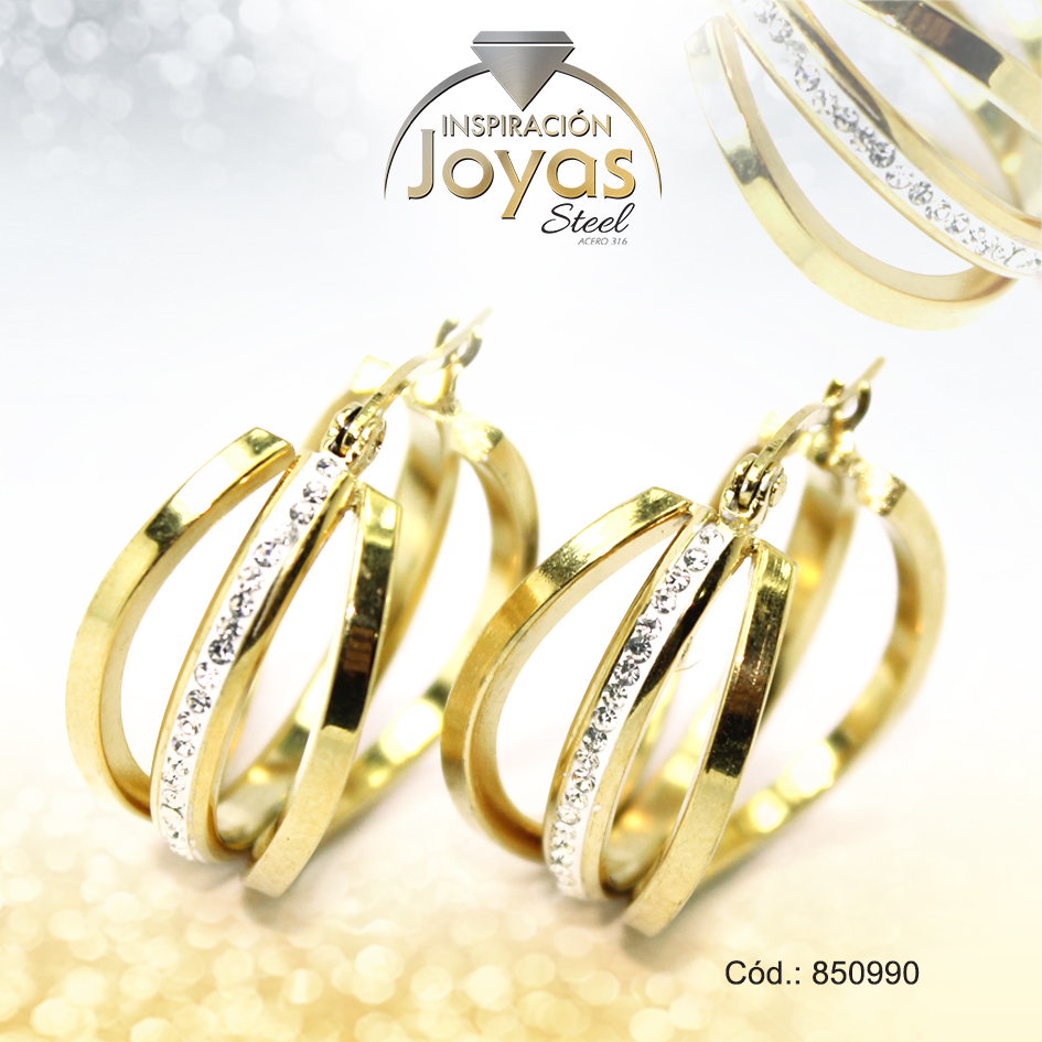 Argolla de Acero Aleación Micro Circón Dorado Círculo - 850990
