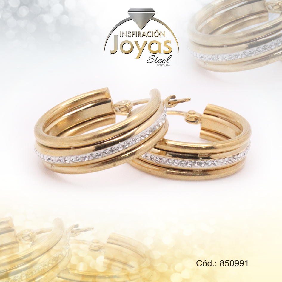 Argolla de Acero Aleación Micro Circón Dorado Círculo - 850991