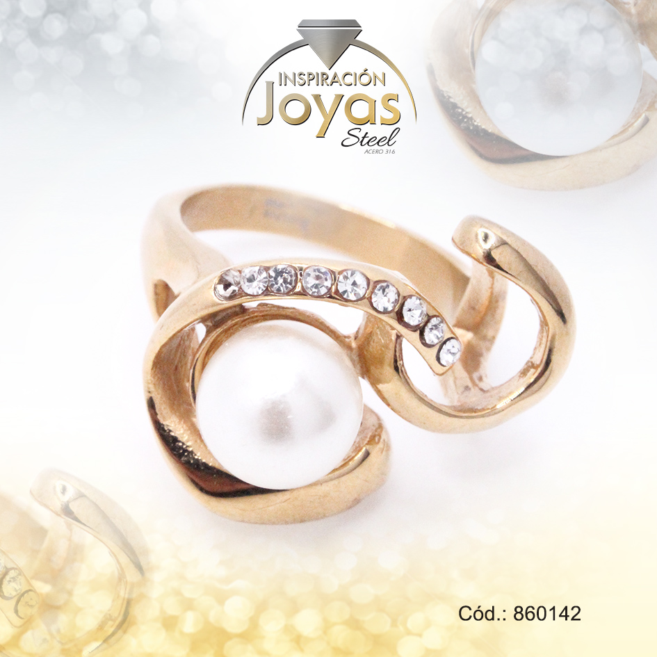 Anillo de Acero Variado Perla Dorado Talla - 860142