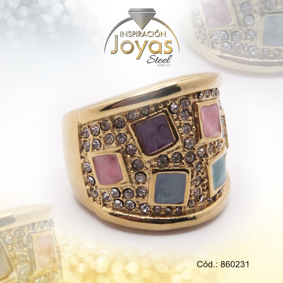 Anillo de Acero Variado Esmalte Dorado Talla - 860231