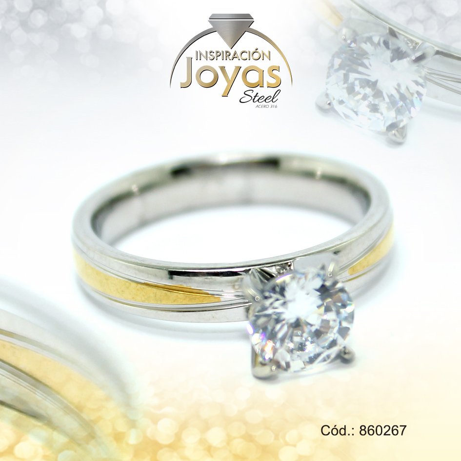 Anillo de Acero Solitario Circón 2 Tonos Círculo Talla 9 - 860267