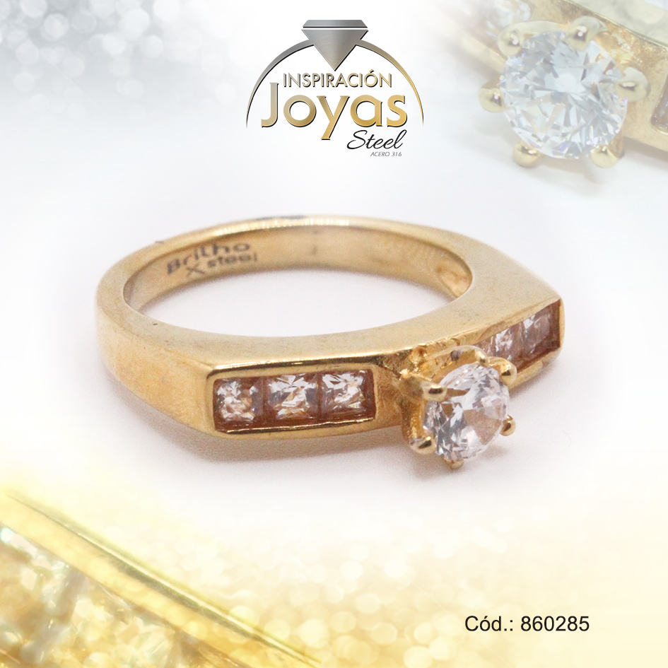 Anillo de Acero Solitario Circón Dorado Círculo Talla 8 - 860285