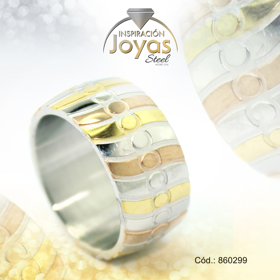 Anillo de Acero Matrimonio 3 Tonos Línea Talla 8 - 860299